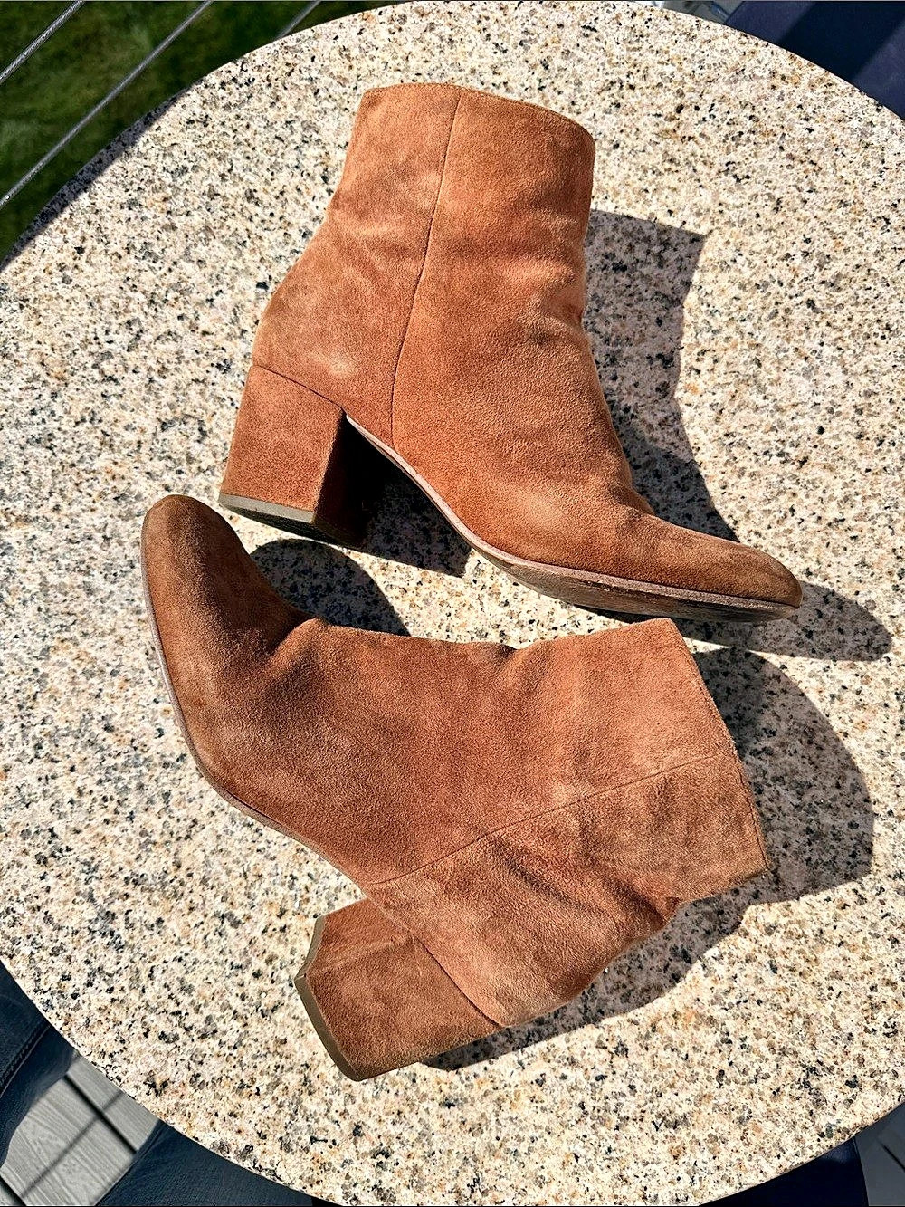 Halogen Brown Suede Block Heeled Ankle Boots Quiet Luxury Minimalism